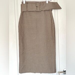 ZARA Houndstooth Plaid High Waisted Midi Pencil Skirt w/ Belt, XS Dark Academia
